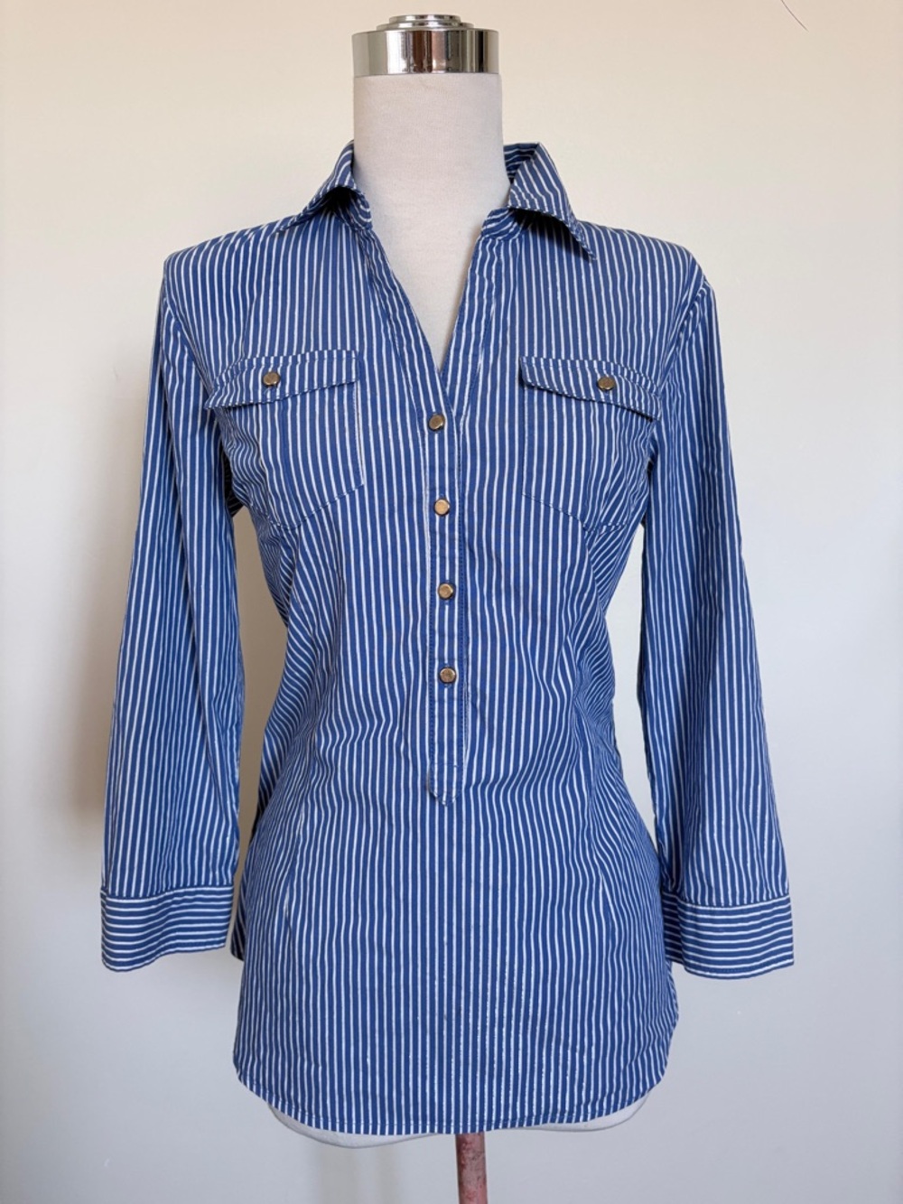 Charter Club Blue & White Striped Collared Shirt